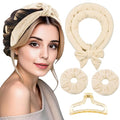 Heatless Curls Hair Curlers to Sleep in – Velvet No-Heat Overnight Curling Rod Headband Set for Long Hair, with Scrunchies & Clip, Wake Up to Beach Waves (Beige, Pack of 1)