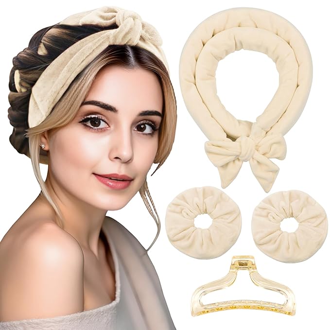 Heatless Curls Hair Curlers to Sleep in – Velvet No-Heat Overnight Curling Rod Headband Set for Long Hair, with Scrunchies & Clip, Wake Up to Beach Waves (Beige, Pack of 1)