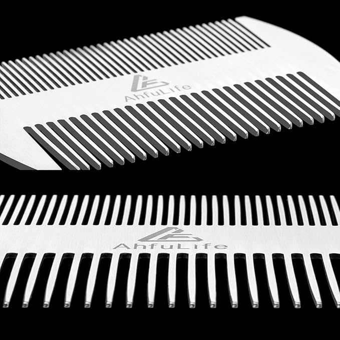 AhfuLife Metal Hair&Beard Comb - EDC Credit Card Size Comb Perfect for Wallet and Pocket - Anti-Static Dual Action Beard Combs - Presented in Gift Box (Stainless Steel Combs)