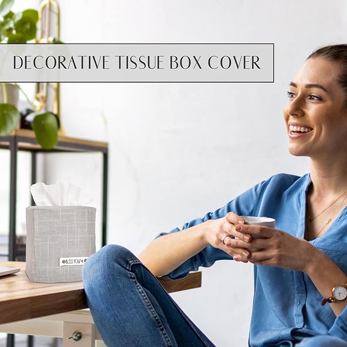 Stylish Tissue Box Cover - This Gray Linen Holder Instantly Covers Your Square Tissue Boxes - The Perfect Cube Cover for Your Bathroom and Home