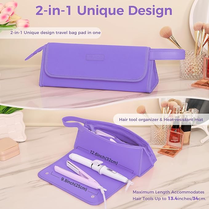 Hair Tools Travel Bag and Heat Resistant Mat, 2 in 1 Portable Organizer Hair Travel Case for Curling Iron, Hair Straightener, Flat Irons, PU Hangable Handle, Neoprene (Purple)