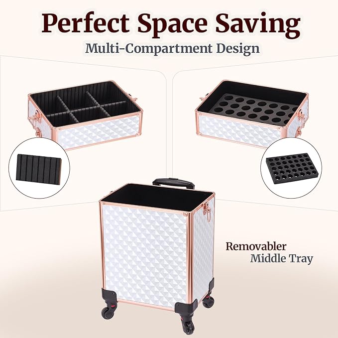 TOPACK Professional 4-In-1 Rolling Makeup Train Case, Large Makeup Travel Case with Key Shoulder Strap/Handle Cushion I Makeup Train Case Organizer I Cosmetology Case on Wheels（White Glod）