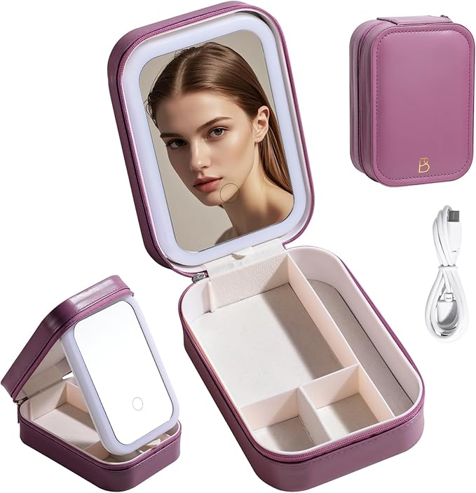 BS-MALL Travel Cosmetic Mirror Case LED Makeup Mirror Storage Case for Eyelash Station Brushes Cosmetic Tools On-the-go Makeup Needs (Rose Red)