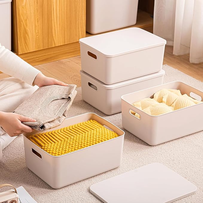 Ytteve Light Grey 2-Pack Large Plastic Storage Bins with Handles, 14.2" x 10" x 6.3" Stackable Organizer Containers for Kitchen Pantry, Closet, Bathroom, Office & Cabinet Drawers