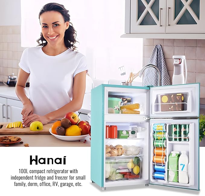 WANAI 3.5 Cu.ft Refrigerators Full-sized Fridge with Freezer Handles Blue Fridge Dual Door Classic Retro Refrigerator Removable Glass Shelves Adjustable Thermostat for Home Office Dorm RV