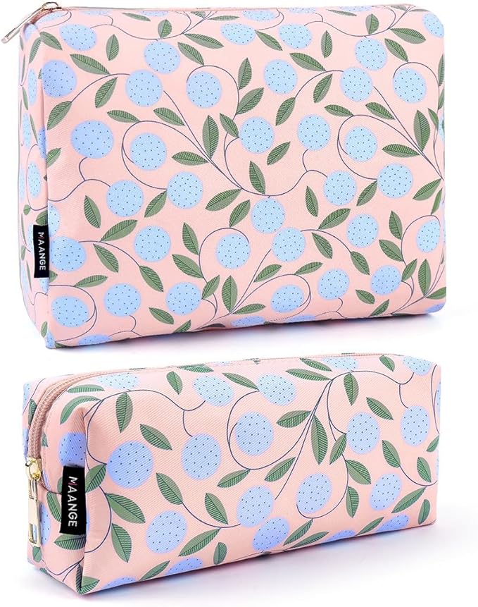 MAANGE 2PCS Makeup Bag for Women, Cosmetic Bag Set, Portable Travel Makeup Bag, Bolsa de Maquillaje, Impermeable Oxford Cloth Make Up Organizer with Gold Zipper(Pink Plants)