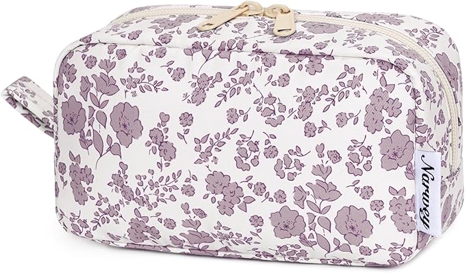 Narwey Small Makeup Bag for Purse Travel Makeup Pouch Mini Cosmetic Bag Zipper Pouch for Women (Dusty Pink Flower, Small)