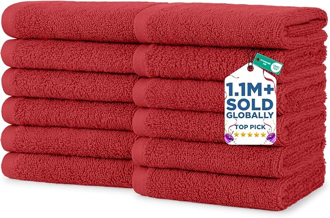DAN RIVER 12 Pack Wash Cloths for Showering [12x12] - 100% Cotton Washcloths Premium Quality Flannel Face Cloths for Bathroom, Highly Absorbent and Soft Feel Wash Clothes, Red