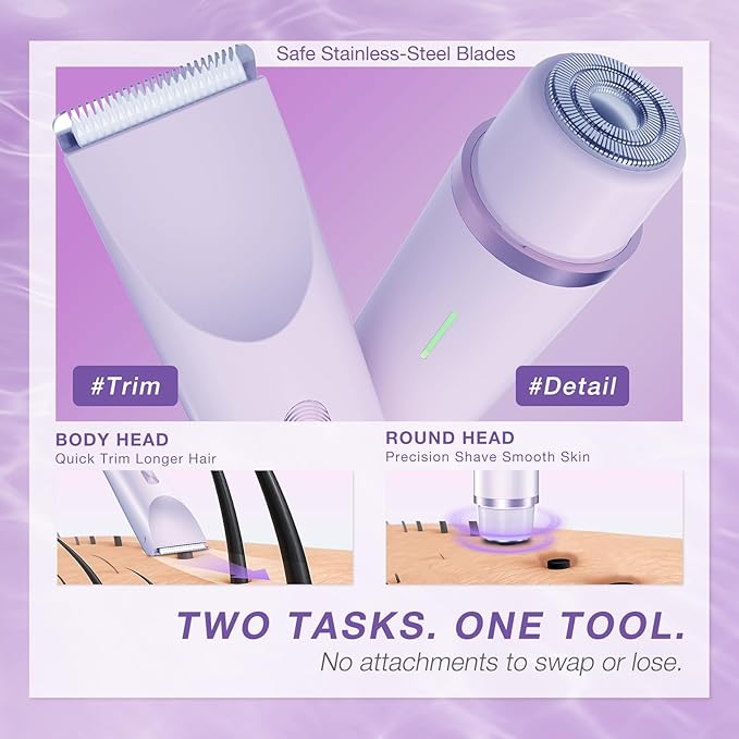 Bikini Trimmer for Women, Dual-Head Electric Body Hair Trimmer for Sensitive Areas, IP67 Waterproof Rinsable, USB-C Rechargeable Groomer for Bikini Line, Underarms, Legs & Face (Lilac Mist)