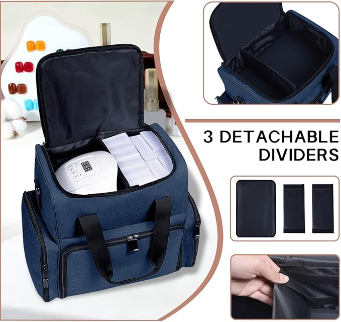 Nail Polish Organizer Case Holds 80 Bottles (15ml - 0.5 fl.oz) and a Nail Lamp,Nail Polish Case with 2 Removable Bags and Tools Storage Sections Blue