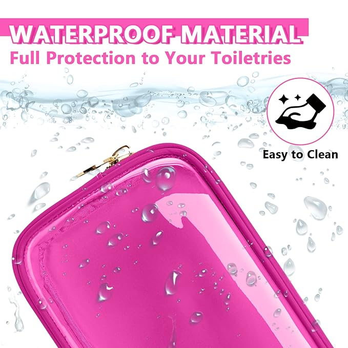 Clear Small Makeup Bag with Zipper, Nylon&PVC Cosmetic Travel Bag Preppy TSA Approved Toiletry Bag for Women Girls, Transparent Waterproof Makeup Pouches Cute Travel Bag for Purse(Small-Hot Pink)