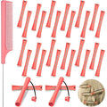 Chuangdi 24 Pcs Hair Perm Rods Plastic Cold Wave Perming Curlers Hair Rollers with Steel Pintail Comb Rat Tail Comb Tools for Hairdressing Styling(Pink,0.51 Inches)