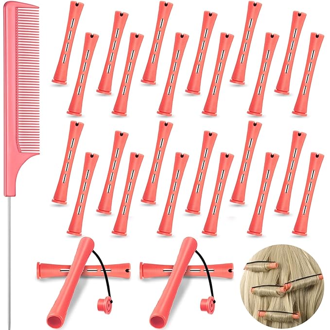 Chuangdi 24 Pcs Hair Perm Rods Plastic Cold Wave Perming Curlers Hair Rollers with Steel Pintail Comb Rat Tail Comb Tools for Hairdressing Styling(Pink,0.51 Inches)