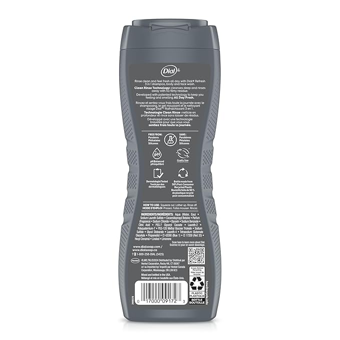 Dial Men 3 in 1 Body, Hair and Face Wash, Refresh, 16 Fl Oz (Pack of 4), Blue Sage Scent, Cleanses Deep + Gentle on Skin with Clean Rinse Technology