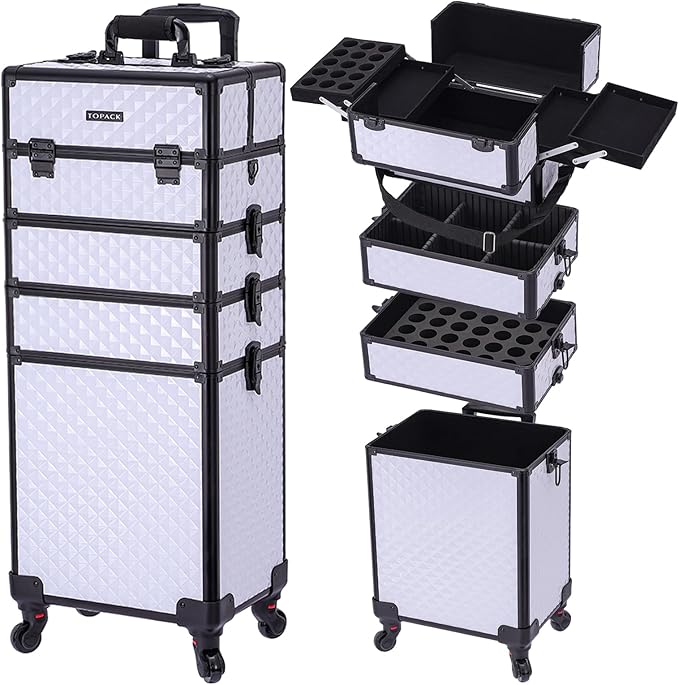 TOPACK Professional 4-In-1 Rolling Makeup Train Case, Large Makeup Travel Case with Key Shoulder Strap/Handle Cushion，Makeup Train Case Organizer，Cosmetology Case on Wheels I White