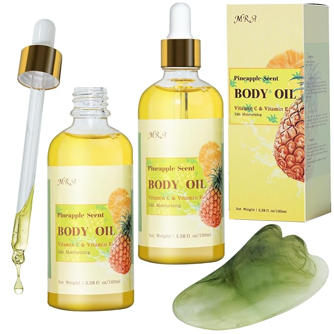 MR.A 2 Pack Pineapple Juice Scented Body Oil, Vitamin E Hydrating Body Oil, Pineapple GUASHA Oil after Shower for Dry Skin, Massage Oil with Guasha Tool