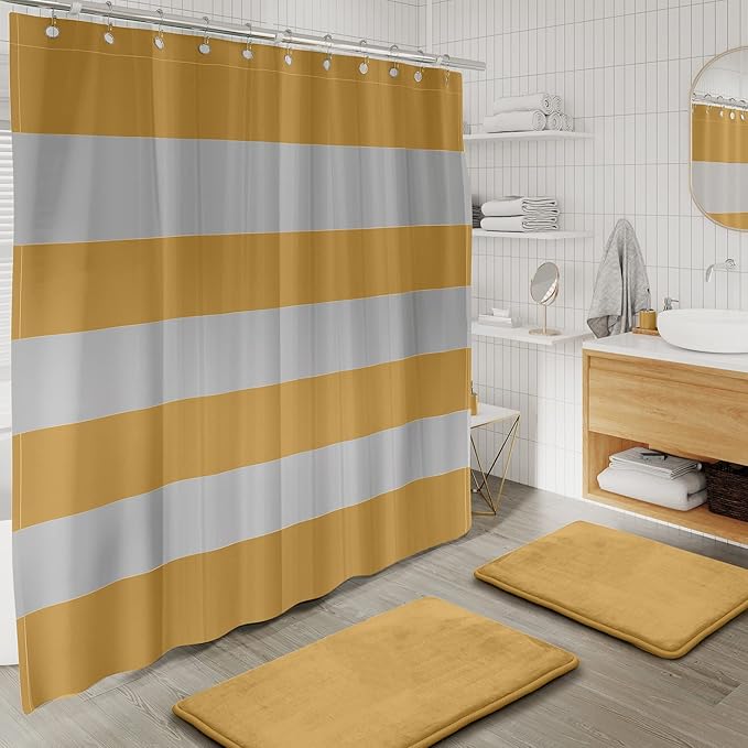 Clara Clark Bathroom Set – Bathroom Sets with Shower Curtain and Rugs, Soft Bathroom Rugs Non Slip, 23PC Gold Bathroom Accessories Set Complete with Bath Rugs, Shower Curtain Set with Liner and Hooks