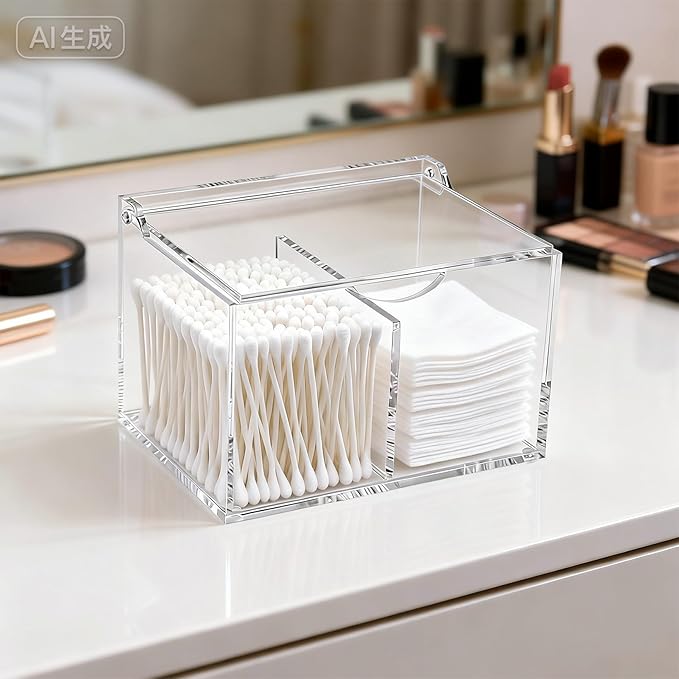 Clear Acrylic Cotton Swab Ball Holder Qtip Organizer with Lid 2-Grid Cotton Swab/Pad/Ball Holder Container Home Bathroom Vanity Countertop Decor