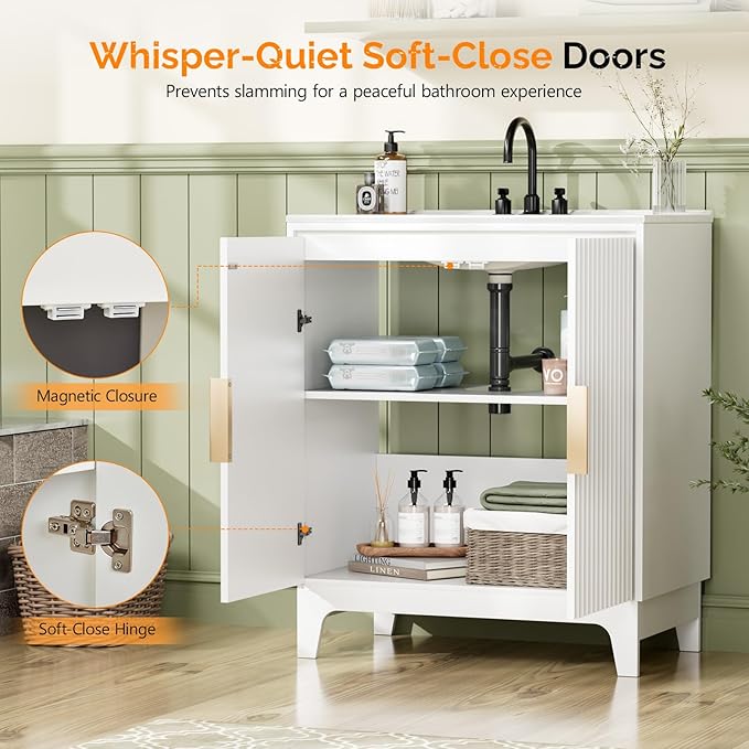 VINGLI 30 Inch Bathroom Vanity with Sink, Modern White Freestanding Cabinet with Ceramic Top, Fluted Soft-Close Doors & Gold Handles, U-Shape Storage for Small Bathroom