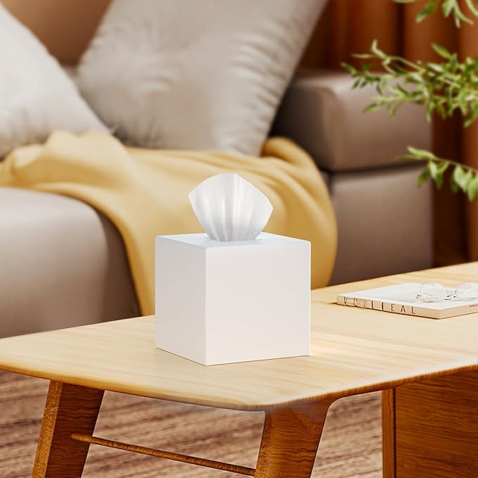 SILUT Tissue Box Cover Square, Acrylic Tissue Holder, Decorative Tissue Box Dispenser for Bathroom Bedroom Office Vanity, Tissues Organizer, Matte White