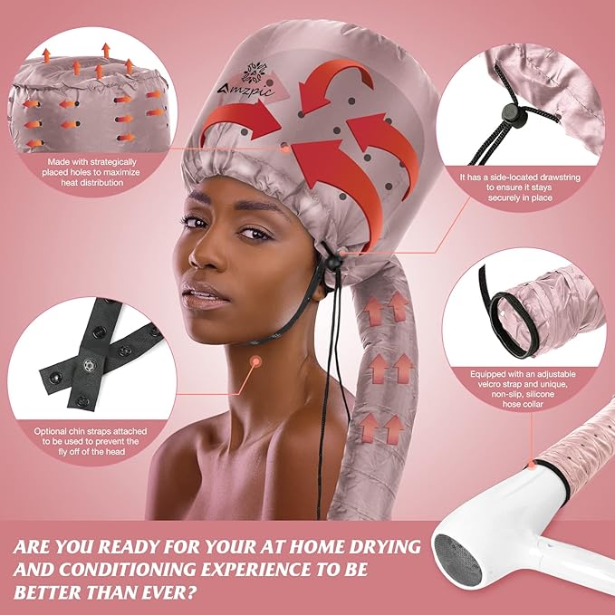 Bonnet Hood Hair Dryer Attachment - Soft, Adjustable Extra Large Bonnet Hair Dryer for Speeds Up Drying Time at Home, Easy to Use for Styling, Curling and Deep Conditioning (Pink)