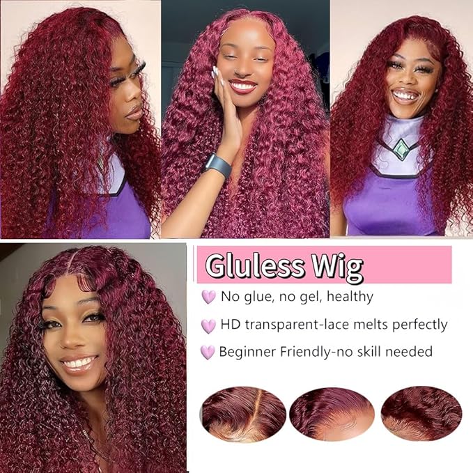 99j Burgundy Deep Wave Lace Front Wigs Human Hair Glueless Wigs Human Hair Pre Plucked Pre Cut 5X5 HD Lace Closure Wigs Curly 180% Density Lace Front Wigs for Black Women 30 Inch