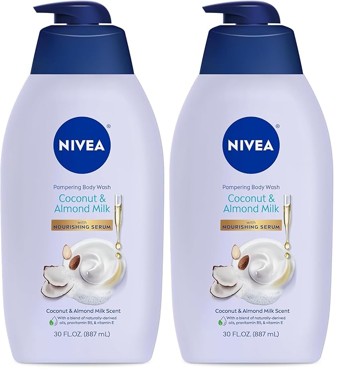 NIVEA Pampering Coconut and Almond Milk Body Wash with Nourishing Serum,Moisturizing Body Wash for Women,Enriched with Provitamin B5 and Vitamin E,30 Fl Oz Bottle,(Pack of 2)