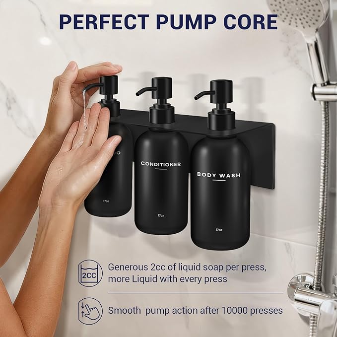 KLL Shampoo and Conditioner Dispenser Set - Wall Mounted Shower Soap Dispenser - 17oz No-Drill Refillable Plastic Pump Bottles for Bathroom - Includes Soap Dish & Hook (Black)