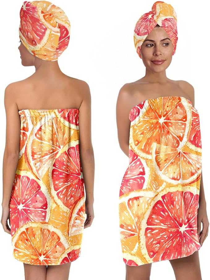 Citrus Print Bath Wrap and Hair Drying Towel Set – Microfiber Quick Dry Shower Body Wrap for Women, Absorbent Spa Skirt with Elastic Band and Orange Grapefruit Pattern (Citrus 2)