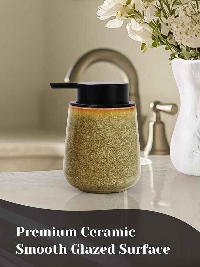 INGOFIN Ceramic Lotion Dispenser - 12 oz Refillable Hand Soap Dispenser Bathroom, Modern Liquid Soap Dispenser with Pump, Dish Dispenser for Kitchen,Kiln-Glazed Earthy Greenish-Brown