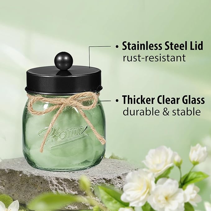 SheeChung Green Glass Qtip Holder Dispenser, Mason Jar Apothecary Jars with Lids, Bathroom Organizers and Storage, Vanity Countertop Canisters Set for Cotton Swab, Ball, Pad, Floss Pick-Black, 1Pc