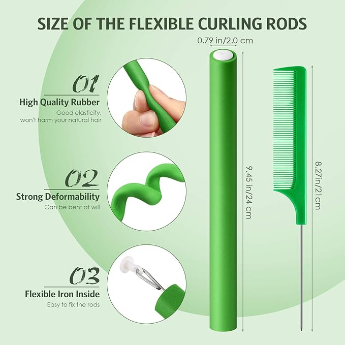 Syhood 30 Pcs Flexible Curling Rods 9.45 Twist Foam Rollers Soft Foam No Heat Hair Rods Rollers and 1 Steel Pintail Comb Rat Tail Comb for Women Long Short Hair(Green,9.45 x 0.79 Inch)