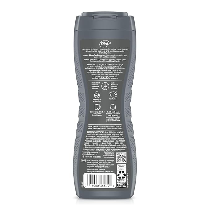 Dial Men 2 in 1 Body and Face Wash, Activated Charcoal, 16 Fl Oz, Pack of 4, Gentle Exfoliating Body Wash with Clean Rinse Technology