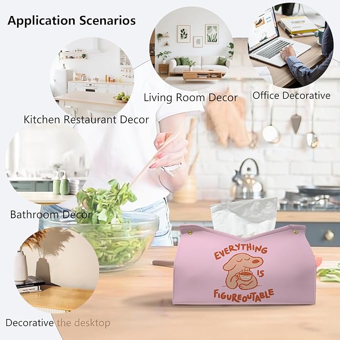 Pink Cute Dog Tissue Box Cover Rectangle,Motivational Toilet Paper Box,Leather Decorative Facial Paper Case for Living Room Bathroom Kitchen Office Desk,Everything is Figureoutable,9.8x5.9x5.9