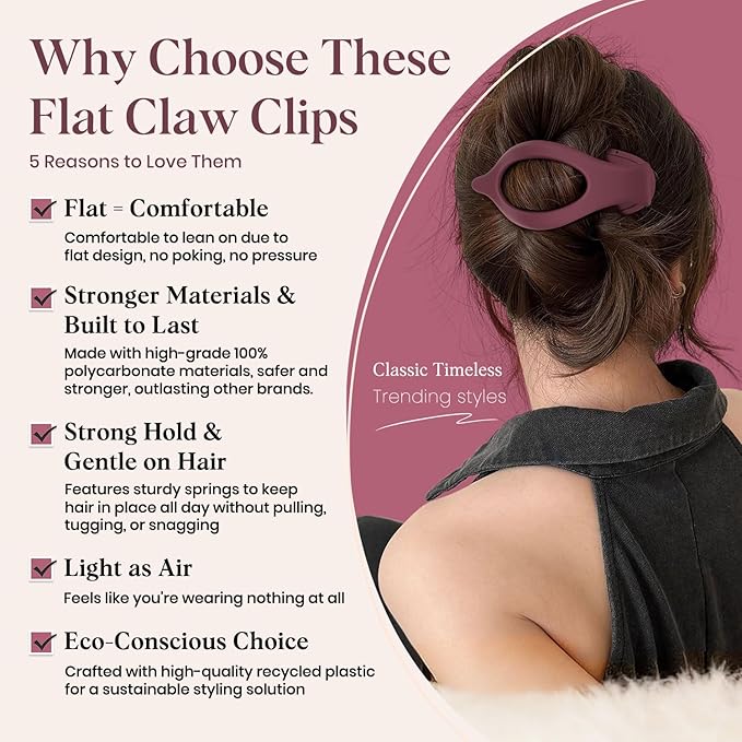 6 PCS Large Flat Hair Clips for Women, French Concord Lay Down Flat Claw Clips for Thick Thin Hair, Comfortable Curved Flat Hair Clip, Matte Non-slip Strong Hold Hair Accessories, Chic Colors