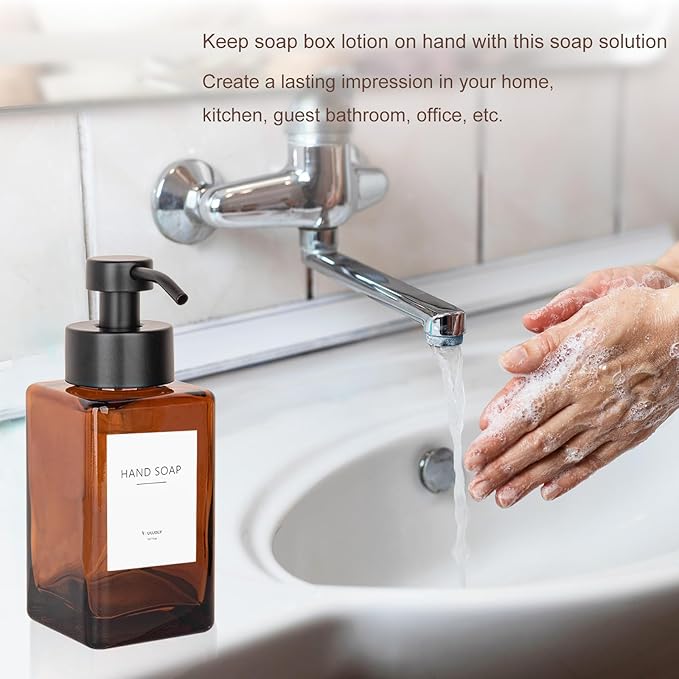 Foaming Soap Dispenser with Stainless Steel Pump, 12oz Refillable Glass Liquid Dish Soap Bottles for Bathroom, Kitchen Sink, Home Decor