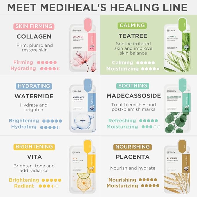 Mediheal Best Korean Sheet Mask - Tea Tree Essential Face Mask 10 Sheets For All Skin Types Korean Best Sheet Mask Soothing Calming