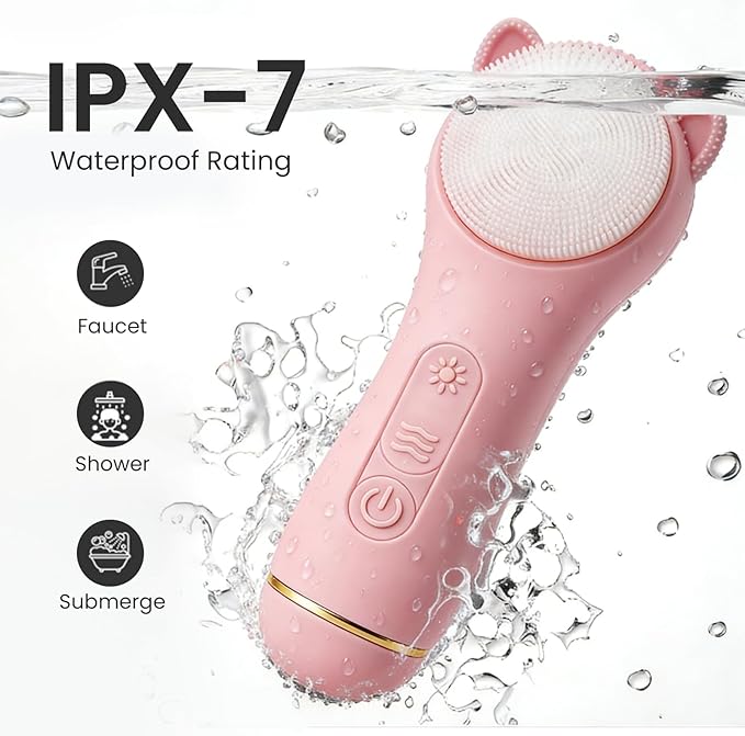 Face Scrubber Facial Cleansing Brush - Portable Silicone Waterproof Rechargeable Electric Exfoliator Scrubber with Heated, 7 Colors LED Light Therapy, Makeup Remover Cleansing and Massaging (Pink)