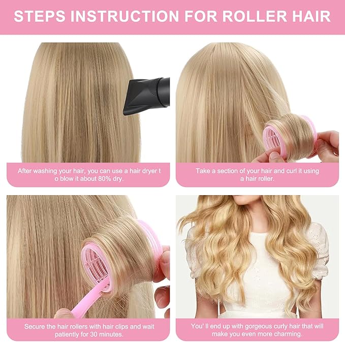 4 Sizes Hair Rollers for Women, 50 Pcs Hair Curler Rollers with Clips, Self Grip Hair Rollers Set for Long, Short Hair and Bangs, 25mm, 36mm, 48mm, 60mm, Pink