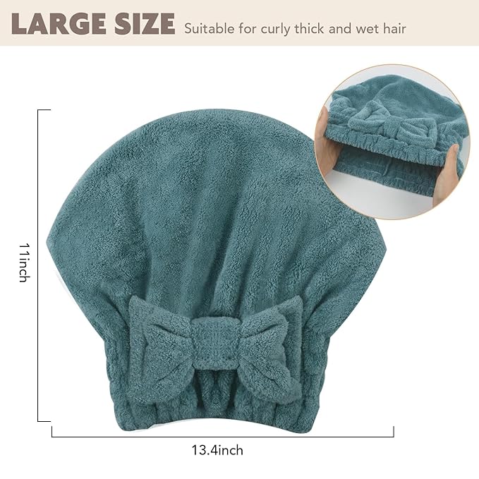SUNLAND Large Microfiber Hair Drying Caps with Bow Knot Fast Drying Shower Cap Soft and Absorbent hairWrap Hair Turban Bath Caps for Curly Thick and Wet Hair 11 X 13.4 inch 2 Pack Dark Green