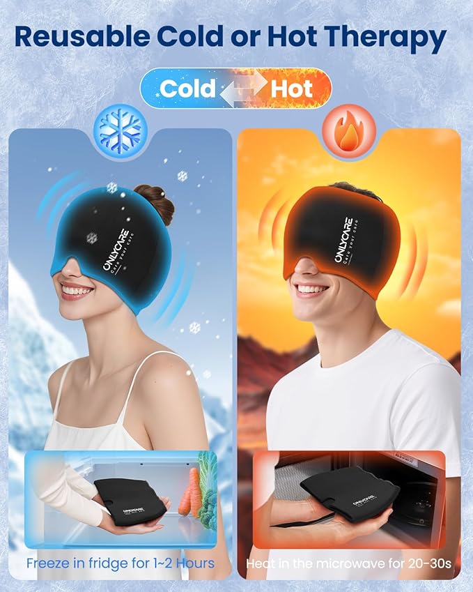 ONLYCARE Migraine Relief Cap, Upgraded Odorless Headache Relief Cap, 360° Gel Surround Ice Pack Mask for Migraine, Sinus, Stress, Frontal Headaches (Black)