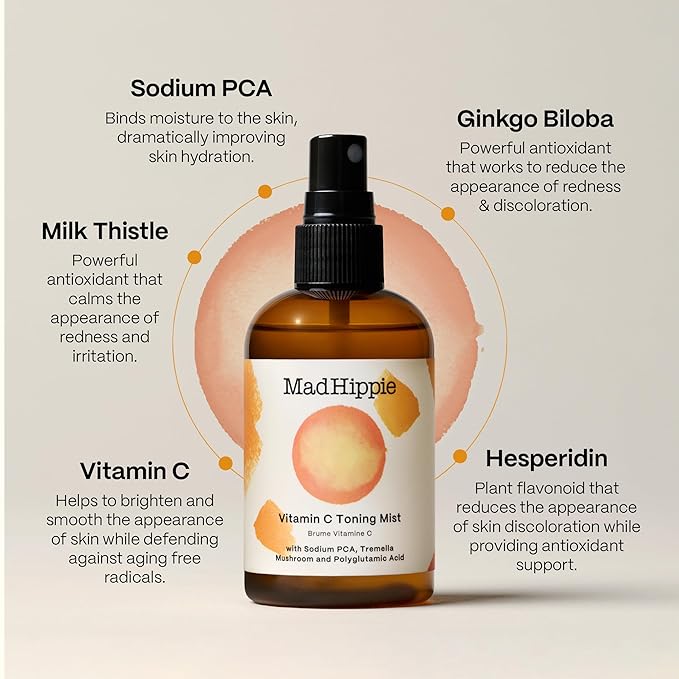 Mad Hippie Vitamin C Toning Mist – Skin-Brightening Toner for Face, Vitamin C Facial Mist Hydrating Spray, 4 Oz