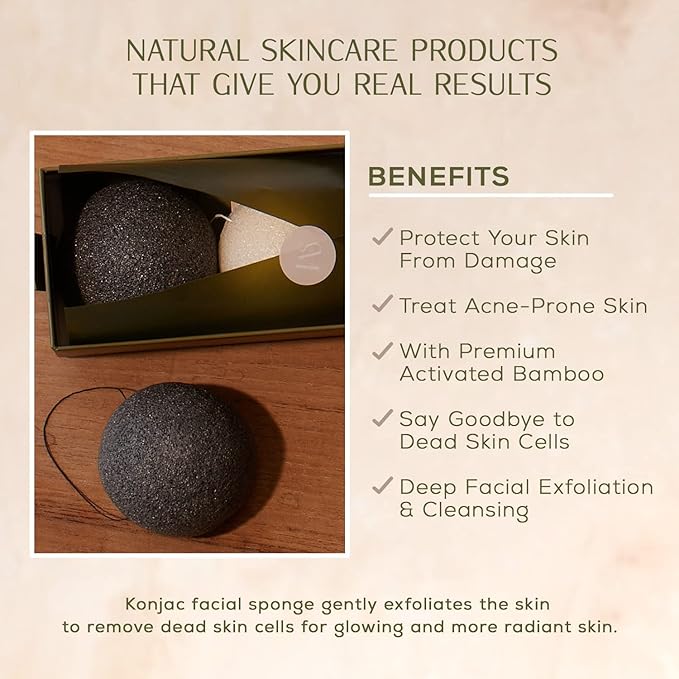 CSM Organic Konjac Sponges 3-Pack for Gentle Exfoliating - Facial Cleansing Sponge with Activated Bamboo Charcoal to Clean Pores, Remove Impurities, Exfoliate - 2 Black, 1 White Natural Sponge