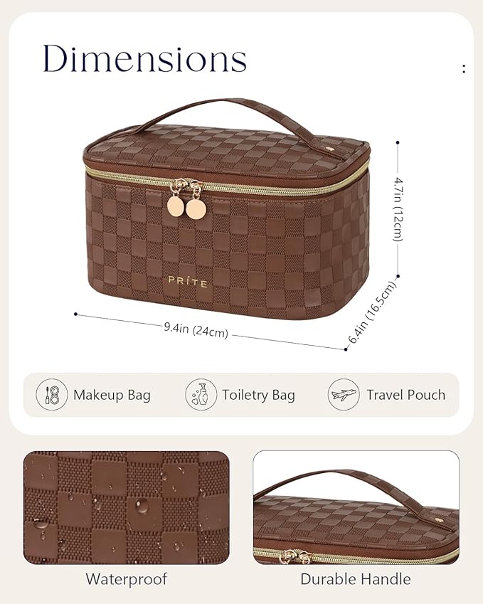 Prite Makeup Bag, Large Capacity Portable Travel Cosmetic Bag, Waterproof Makeup Organizer for Women with Handle and Divider (001 Checkered Brown)