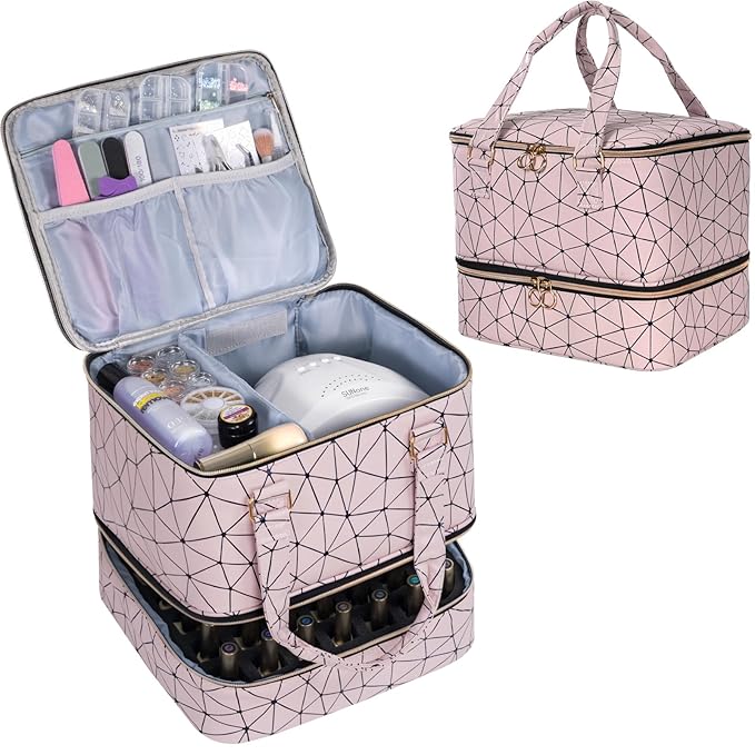 Uross Nail Polish Organizer Bag Holds 42 Bottles Nail Polish & Nail Lamp, Gel Nail Polish Organizers and Storage box for Nail Tech, Nail Kit Supplies Organizer Case - Lightpink