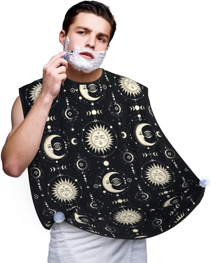 Stretchable Beard Cape, Non-Stick Hair Catcher for Trimming, Waterproof Grooming Apron, Tarot Card Magic Boho Vintage Sun Moon Stars