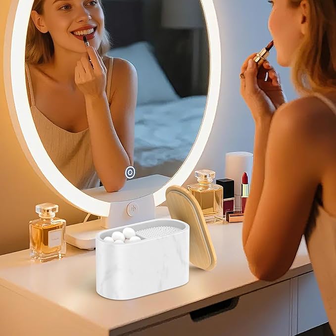 Cotton Swab Holder, Round Cotton Pads Balls Qtip Holder Dispenser with Lid, 2 Compartments Qtips Holder, Tampoms Period Box Bathroom Organizers Storage Bin Floss Dispenser Vanity Cosmetics, White