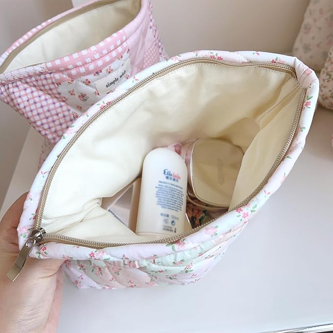 Floral Makeup Bag Large Cotton Quilted Cosmetic Makeup Bag Organizer, Cottagecore Aesthetic Portable Pouch Purse Toiletry Bag for Women Girls Travel accessories