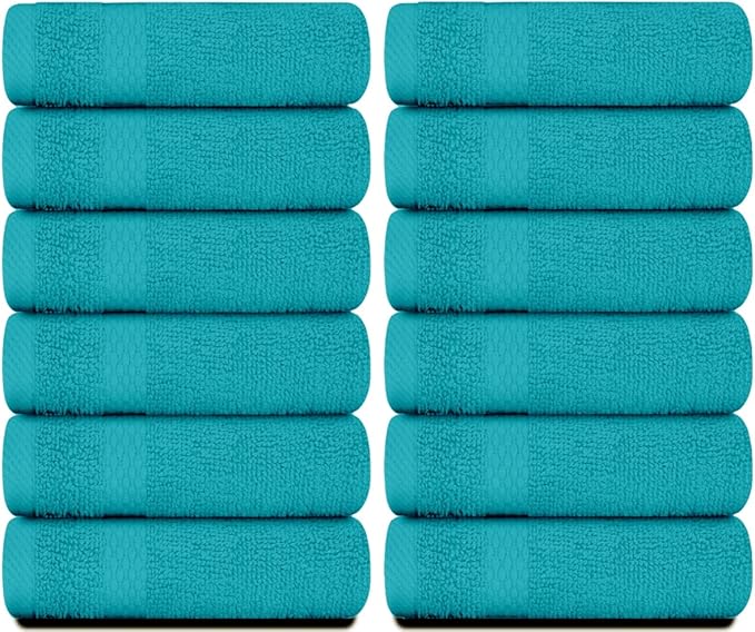 White Classic Luxury Cotton Washcloths 13x13 Inch - 650 GSM Turkish Cotton | Hotel, Spa, Bathroom Face Towel | 12 Pack, Aqua Blue