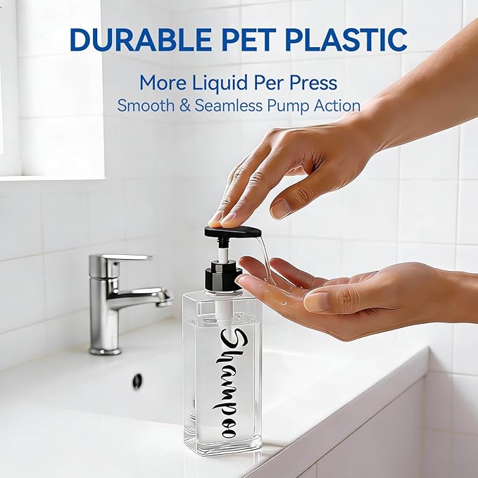 16.9oz Clear Shampoo and Conditioner Dispenser Set of 3, Refillable Empty Shampoo Bottles with Pump for Shower, Printed Plastic Soap Dispenser for Bathroom, Rectangular Body Wash Container Sets